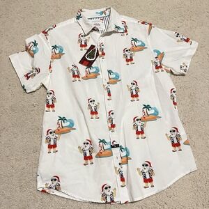 Denim And Flower Short Sleeve Button Up Surfing Santa Sz L NWT Holiday Christmas